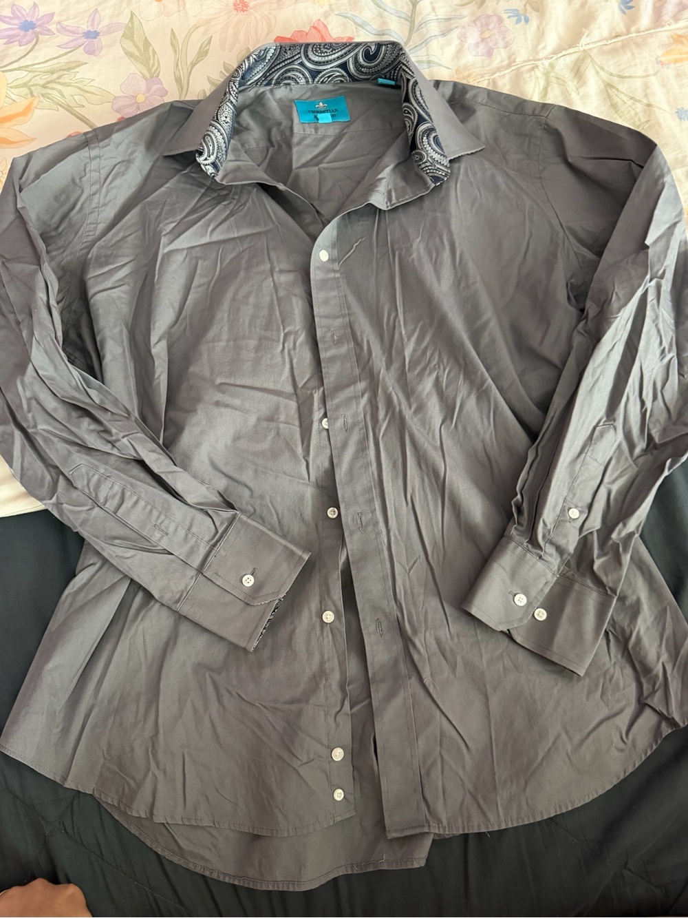 Men's Dark Gray Dress Shirt with Paisley Contrast Collar